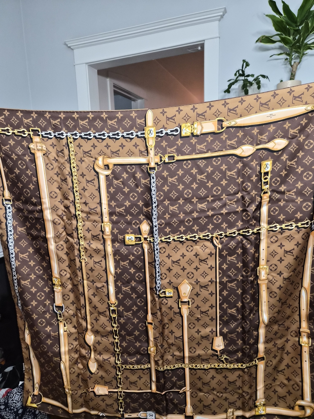 Louis Vuitton Brown & Tan Monogram Silk Scarf with Gold Accents